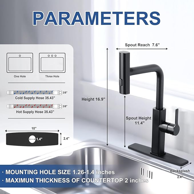Kitchen Faucet with Pull Down Sprayer: ALEASHA Waterfall Kitchen Faucet with 3 Function Pullout Sprayer, Brass Core Single Handle Faucet, 360°Rotatable Black Single Hole Sink Faucets for Modern