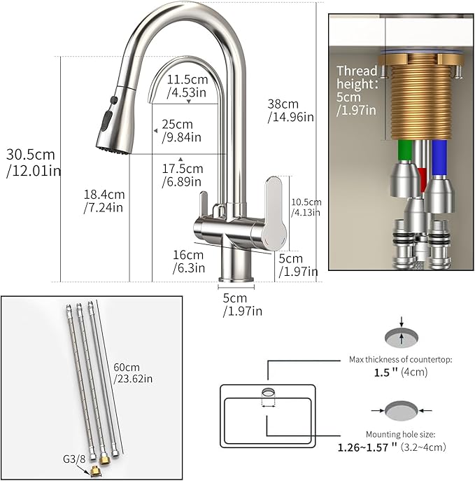 Kitchen Sink Faucet with Pull - Down Sprayer, 2 - Handle 3 - in - 1 Kitchen Sink Filter Faucet, Cold and Hot Mixer Drinking Water Faucet (Chrome-02)