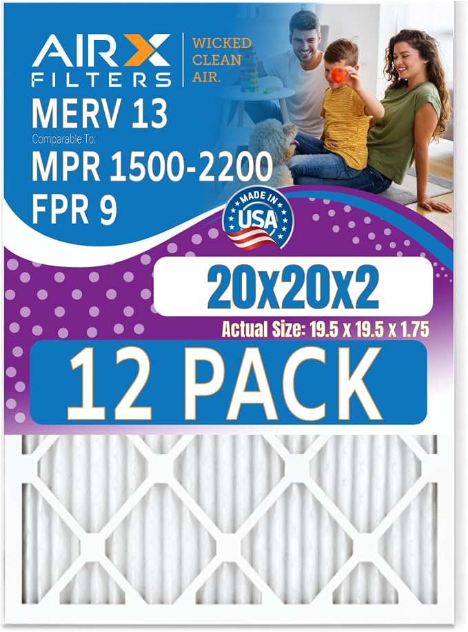 20x20x2 Air Filter MERV 13 Rating, 12 Pack of Furnace Filters Comparable to MPR by AIRXFILTERSWICKEDCLEANAIR