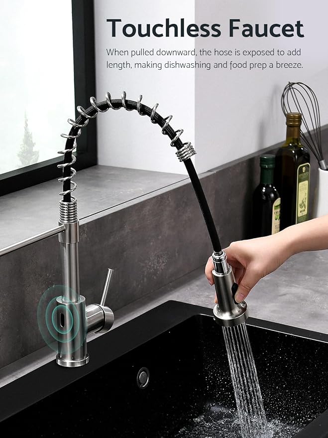 WEWE Touchless Kitchen Faucet with Pull Down Sprayer - Motion Sensor Kitchen Faucets Spring Single Handle Stainless Steel Kitchen Sink Faucet (Brushed Nickel)