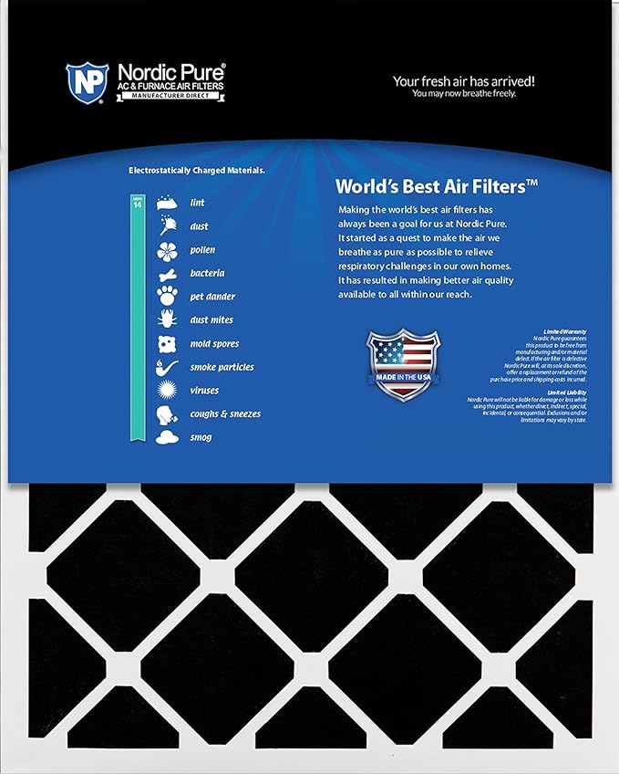 Nordic Pure 12x12x1 (11 3/4 x 11 3/4 x 3/4) Pleated Air Filters MERV 14 Plus Carbon 6 Pack