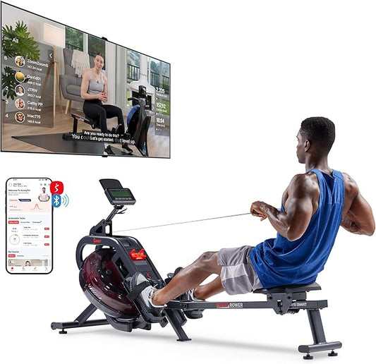 Sunny Health & Fitness Flip & Foldable Rowing Machine for Home w/Extended Slide Rail, Full-Body Workout, Low-Impact, Optional Extra Long Rail, Quiet Rail Cover, Water Motion and Free SunnyFit App-FlexoryFit