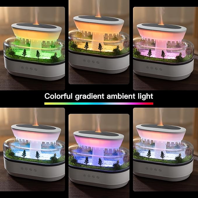 Essential Oil Diffuser 250ML Cloud Humidifier Rain Water Drip Diffuser Humidifier with Drip Music Micro Landscape Ultrasonic Diffuser for Bedroom Office Hotel (White Grey)