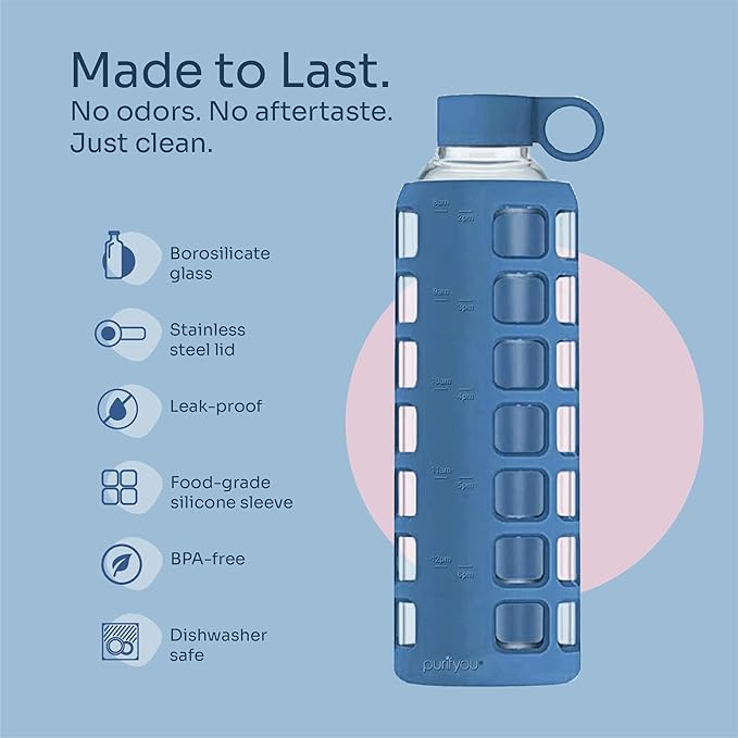 purifyou 40oz / 32oz / 22oz / 12oz Borosilicate Glass Water Bottle with Time & Volume Markers, Silicone Sleeve, Stainless Steel Lid – Reusable Glass Bottle for Water & Juice (32oz Chinese Porcelain)