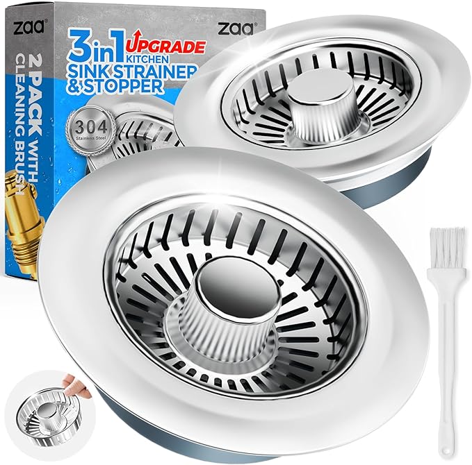 zaa Kitchen Sink Drain Strainer - Kitchen Sink Stopper,Stainless Steel Kitchen Drain Plug & Sink Installation Parts with Anti-Clogging Basket, Fit US Standard 3-1/2'' Sink Drain Hole