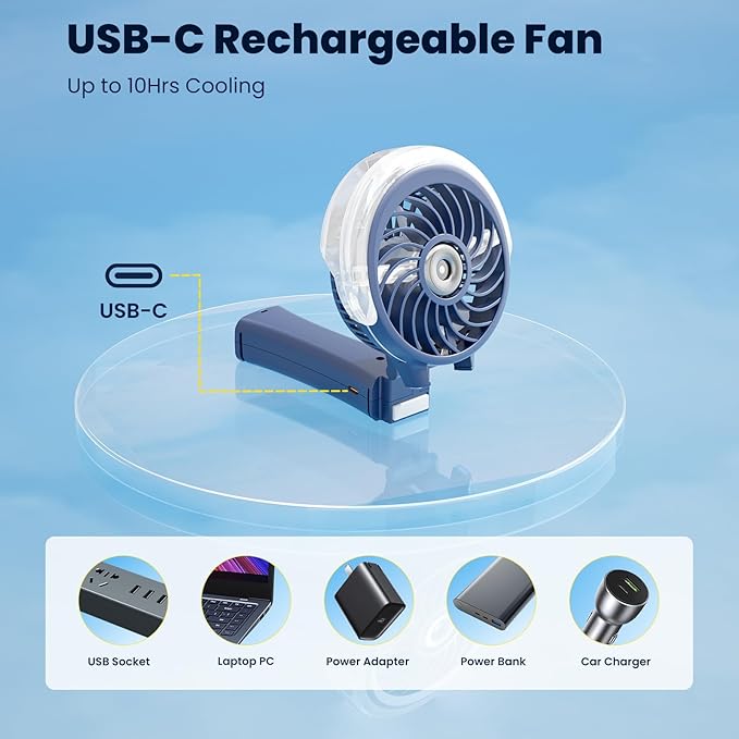 HandFan Upgraded Portable Handheld Misting Fan, Rechargeable Personal Mister Fan, Spray Water Mist Fans, Foldable Mini Cooling Hand Fans for Summer Beach Travel Concerts, Gifts for Women(Royal Blue)