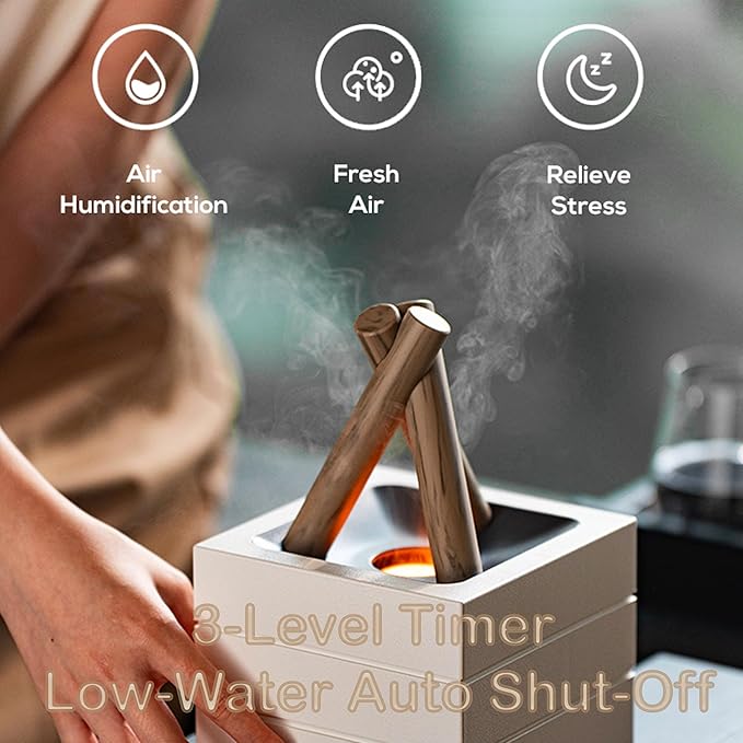 Flames Humidifier Essential Oil Diffuser, Bonfire Essential Oil Scent Diffuser Humidifier, Small USB Desktop Humidifiers with 7 Colors, Campfire Aromatherapy Diffusers for Home & Office (White)