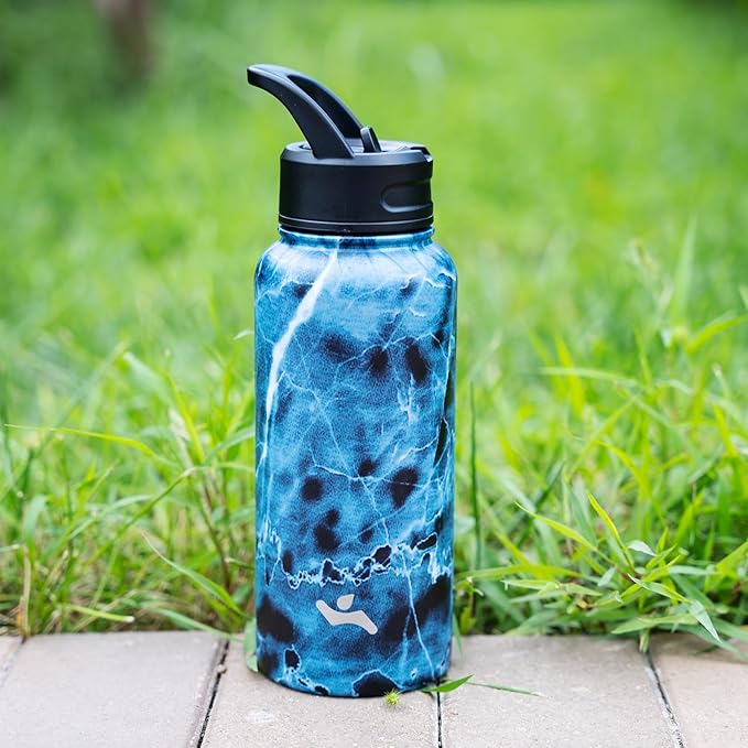 18 oz Insulated Water Bottle Stainless Steel Sport Bottles with 3 Lids,Marble Ocean-FlexoryFit