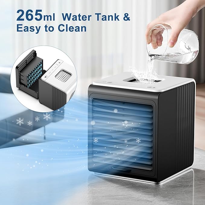 Portable Mini Air Conditioner,BIESQYA 3-in-1 Personal Small Ac Unit Cooler, 3 Speed USB Powered Desk Fan Swamp Evaporative Windowless Humidifier for Room Office Camping Car Black