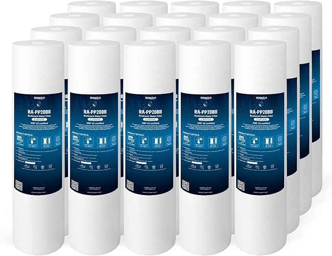 Ronaqua 20" x 4.5" Big Sediment Replacement Water Filter Cartridge, 5 Micron, NSF Certified, for Whole House, Compatible with 155358-43, 2PP20BB1M, AP810-2, FPMB-BB5-20, P5-20BB, SDC-45-2005, 20 Pack