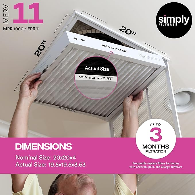 Simply 20x20x4 Air Filter, MERV 11, MPR 1000, 6 Pack, Furnace Air Filter for HVAC (Actual Size:19.5"x19.5"x3.63") DUST, Pet, & Allergy Control