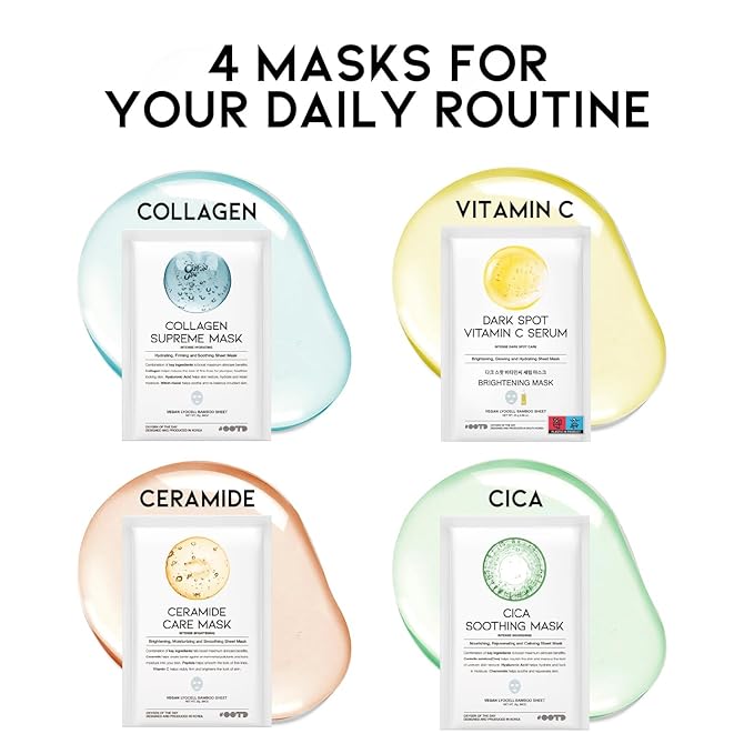 #OOTD Face Mask Korean Skincare for Dry Sensitive Skin | Hydrating, Revitalizing, Calming, Collagen, Ceramide, Cica, Vitamin C Serum Sheet Masks (12EA)-FlexoryFit