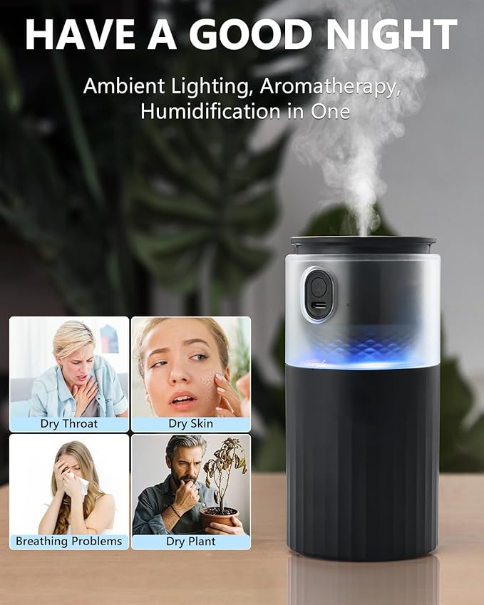 OATSBASF Portable Mini Humidifier, Small Cool Mist Car Humidifier with Night Light, 28dB Quiet Cool Mist Air Humidifier for Bedroom, Office, Plants, Dorm, 2 Mist Modes, Easy to Fill and Clean (Black)