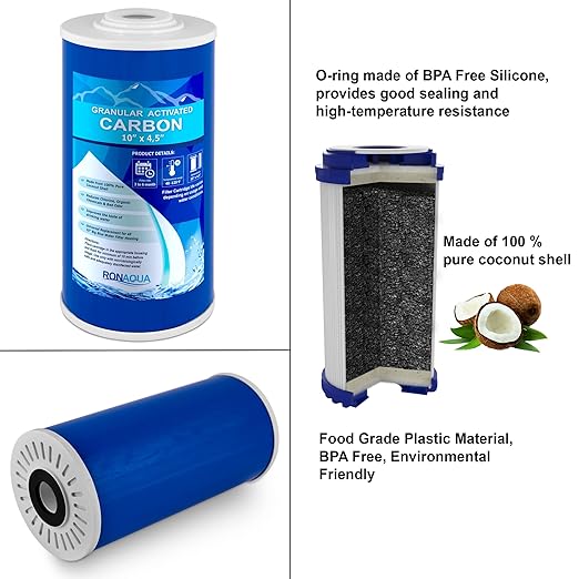 High Capacity 10 x 4.5” Transparent Whole House Water Filter Purifier System with Presser Relief Button 1” Inlet/Outlet Bass Port & Yearly Supply (3) Granular Coconut Shell Activated Carbon Cartridges