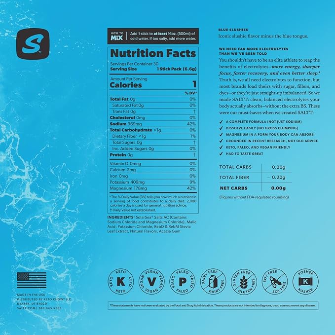 Keto Chow SALTT Electrolytes Powder Packets, Blue Slushies (30 Hydration Packets) - Magnesium, Potassium, Sodium, Trace Minerals - Vegan, Sugar Free, Gluten Free - Travel Essentials - Made in USA-FlexoryFit