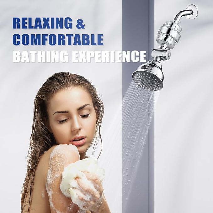 20 Stage Shower Head Filter for Hard Water, Removes Chlorine, Fluoride, Improves Skin and Hair Condition, 4 Cartridges, High Output, Wide Compatibility