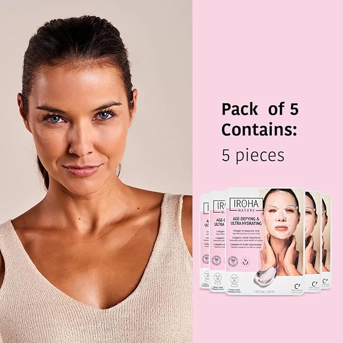 IROHA NATURE Face Masks - Packs for Better Skin (Pack of 5, Anti-Aging Face & Neck Tissue Mask with Collagen (96% Natural Ingredients))-FlexoryFit