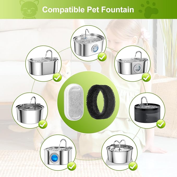 12 Pack Cat Water Fountain Filters, Replacement Filters & Pre-Filter Sponges for 3.2L/108Oz & 67oz/2L Stainless Steel Pet Fountain