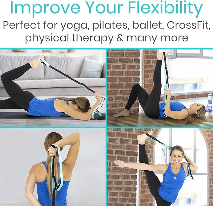Vive Stretch Strap (75" - 10 Loops) - Leg Stretch Band to Improve Flexibility - Stretching Out Yoga Strap - Exercise and Physical Therapy Belt for Rehab, Pilates and Gymnastics with Guide Book-FlexoryFit