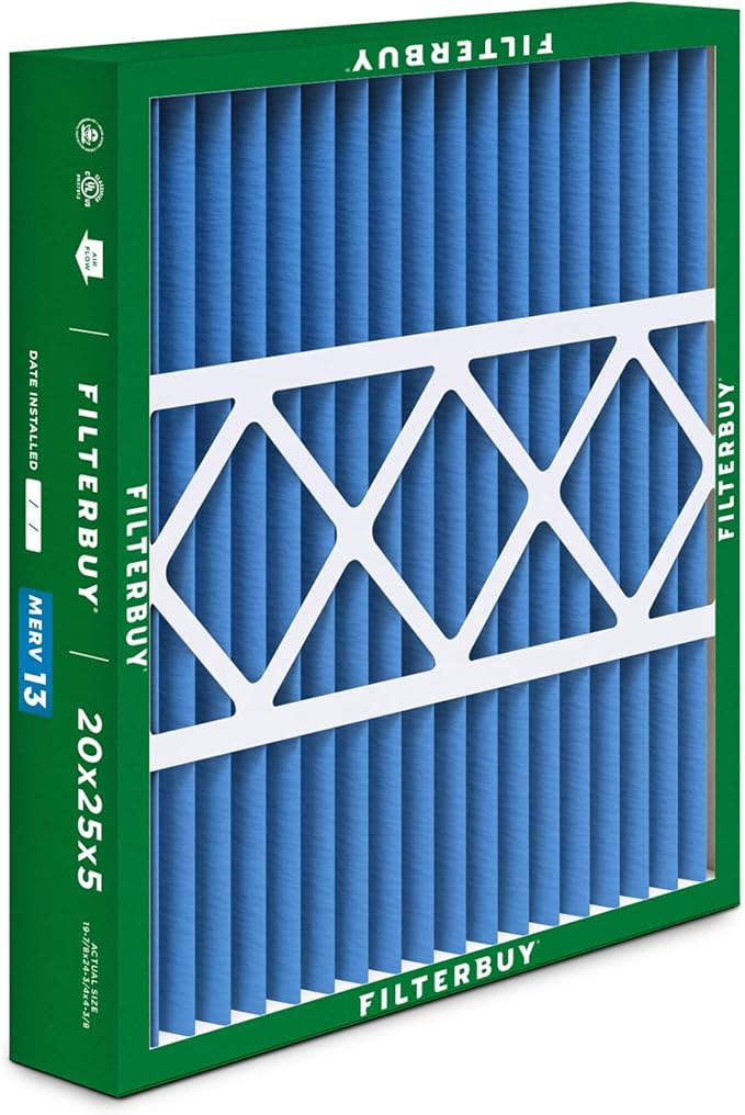 Filterbuy 20x25x5 Air Filter MERV 13 Optimal Defense (2-Pack), Pleated HVAC AC Furnace Air Filters for Honeywell FC100A1037, Lennox X6673, Carrier, & More (Actual Size: 19.88 x 24.75 x 4.38 Inches)
