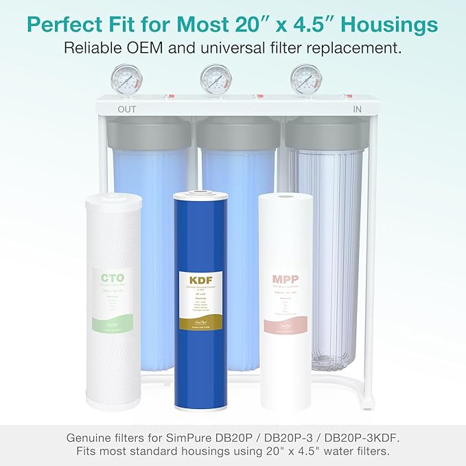 SimPure 20" x 4.5" Carbon and KDF Filters, Whole House KDF/GAC Heavy Metal Water Filter Cartridge Replacement for DB20P, DB20P-3KDF (4 Pack)