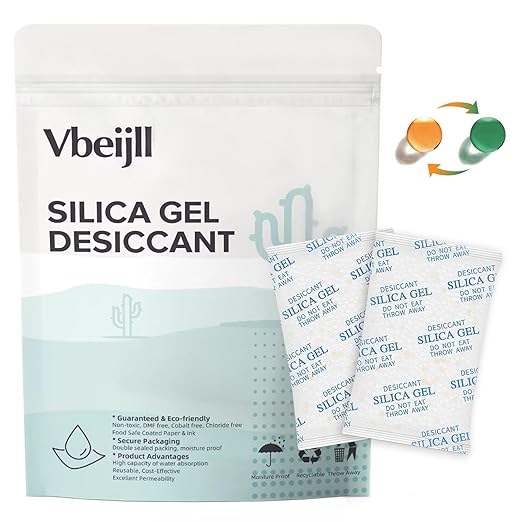 Premium 50 Gram 10 Pcs Desiccant Silica Gel Packets with Color Indicating - Rechargeable Moisture Absorbers for Food Grade Silica Packets for Foods, Seeds, 3D Filaments, Electronics, Safes