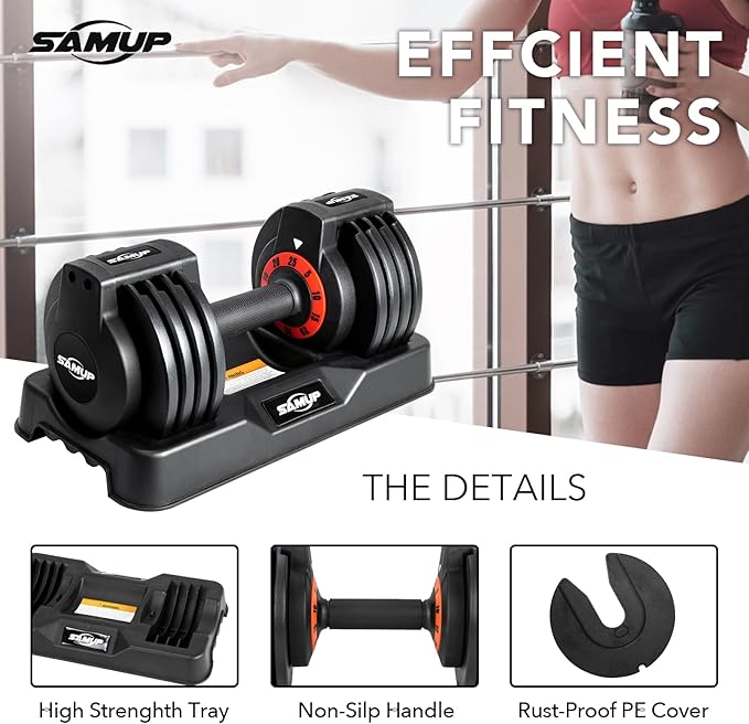 25/55 lbs Pair Adjustable Dumbbells Set, Adjustable Weights Dumbbells Set for Men and Women with Anti-Slip Fast Adjust Weight by Turning Handle,Black Dumbbell with Tray-FlexoryFit