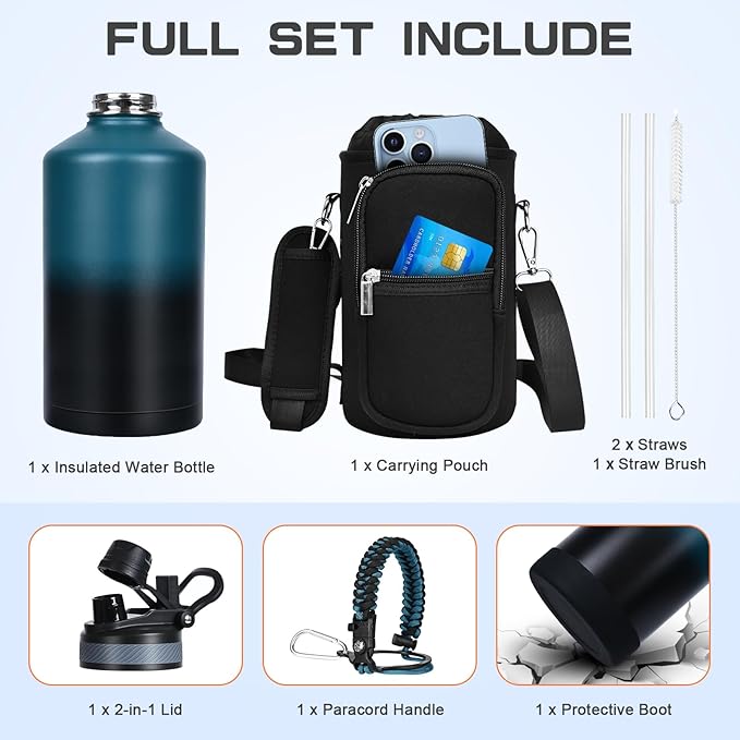 1 Gallon Water Bottle Insulated, Leak Proof 128 oz Stainless Steel Water Jug with Straw/Spout 2-in-1 Lid, Sleeve, Paracord Handle, Silicone Boot, One Gal Metal Canteen for Gym Sport Camping-FlexoryFit