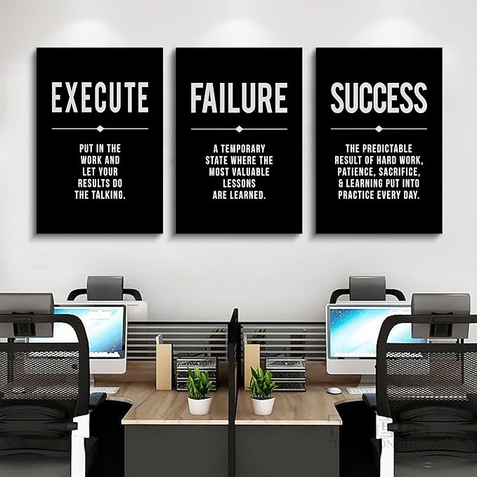 Framed Canvas Wall Art Success Quote, Office Wall Art, Black Large Poster, Positive Motivational Set of 3 Prints, Execute Failure Definition, Inspirational Print (A-3pcs,20x30inchx3pcs)-FlexoryFit