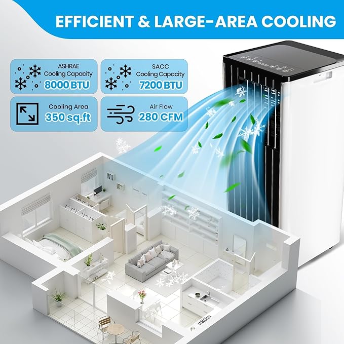 8000 BTU Portable Air Conditioner for Rooms up to 350 Sq. Ft, 3-in-1 Cooling, Dehumidifier & Fan with Quiet Operation, Efficient Cooling, Sleep Mode, 24-Hour Timer & Remote Control, Black Top
