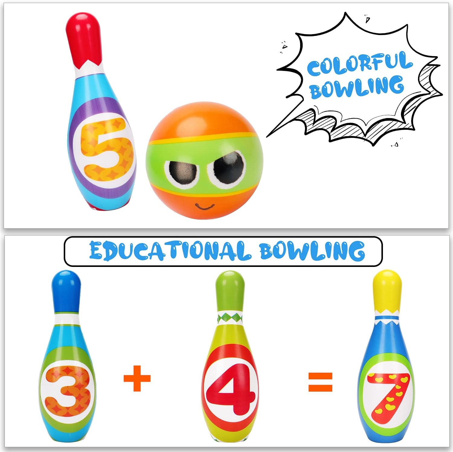 Kids Bowling Set Indoor Bowling for Toddler 1-3 3-5 Soft 10 Indoor Colorful Foam Pins 2 Bowling Ball Printed Number Developmental Sensory Toy Age 2-4 Toddler Bowling Birthday Gift Present Gift