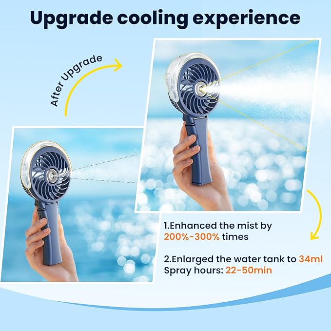 HandFan Upgraded Portable Handheld Misting Fan, Rechargeable Personal Mister Fan, Spray Water Mist Fans, Foldable Mini Cooling Hand Fans for Summer Beach Travel Concerts, Gifts for Women(Royal Blue)