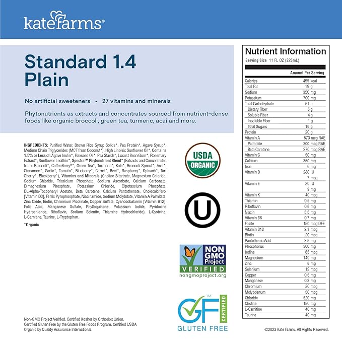KATE FARMS Organic 1.4 High Calorie Nutrition Shake, Plain, 20g Protein, 27 Vitamins and Minerals, Meal Replacement, Protein Shake. 11 oz (12 Pack)-FlexoryFit