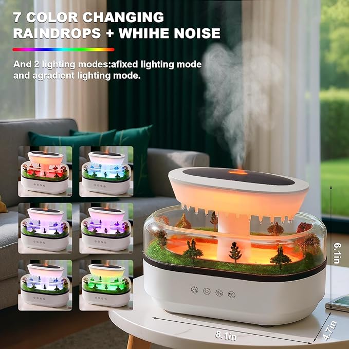 Cloud Rain Humidifier Water Drip, 7 Colors Rainfall Humidifier with Rain Sounds, 250ml Microlandscape Raindrop Essential Oil Aromatherapy Diffuser for Bedroom, Silent Rain Lamp, Timing, Auto-Off