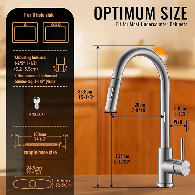 APPASO Kitchen Faucet with Pull Down Brushed Nickel, Single-Handle High Arc Swan-Neck Modern Kitchen Sink Faucet with Optional Deck Plate Stainless Steel, Silver