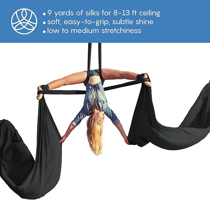Aerial Silks Starter Kit - Durable 9 Yards of Aerial Yoga Hammock with Hardware & Guide - Aerial Swing for Acrobatic Flying Yoga & All Levels (Aerial Rigging Point Up to 13ft)-FlexoryFit