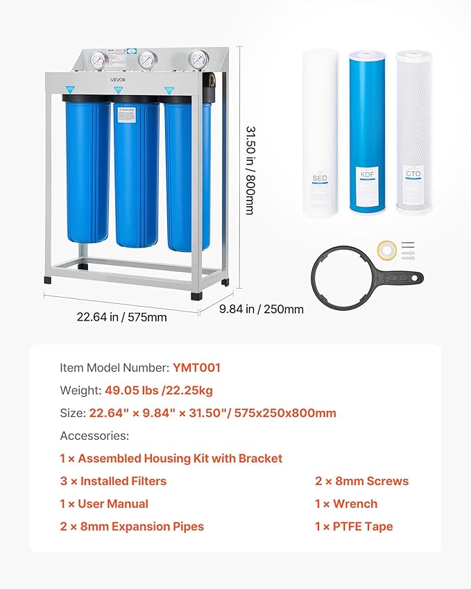 VEVOR Whole House Water Filter System, 3-Stage | Sediment, KDF, CTO | 4.5" x 20" Home Water Purifier Filter Reduce Heavy Metal, Lead, Mercury, Chlorine, Bad Taste, Odor, Rust