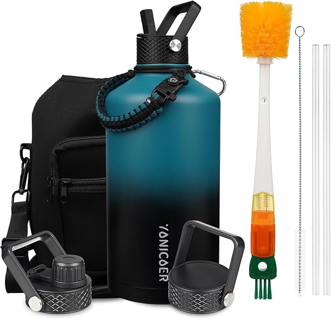 Insulated Water Bottle 64oz,Triple Wall Vacuum Stainless Steel(Dishwasher Safe),Leak Proof & Non-BPA,Flask Jug with Paracord Handle & Straw Spout Lids Sports-FlexoryFit