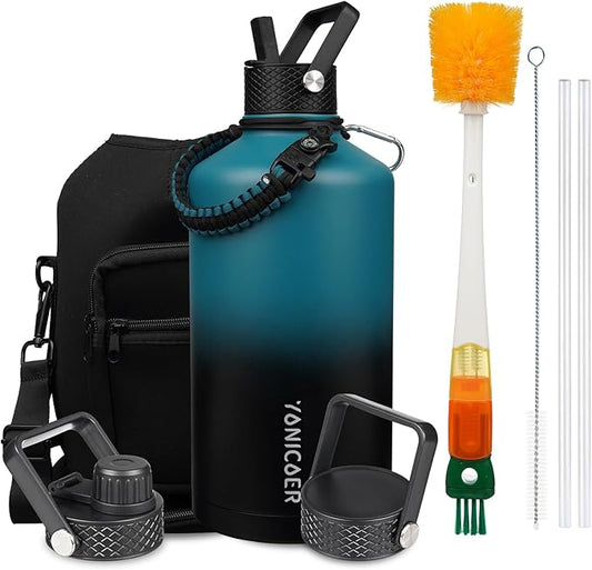 Insulated Water Bottle 64oz,Triple Wall Vacuum Stainless Steel(Dishwasher Safe),Leak Proof & Non-BPA,Flask Jug with Paracord Handle & Straw Spout Lids Sports-FlexoryFit