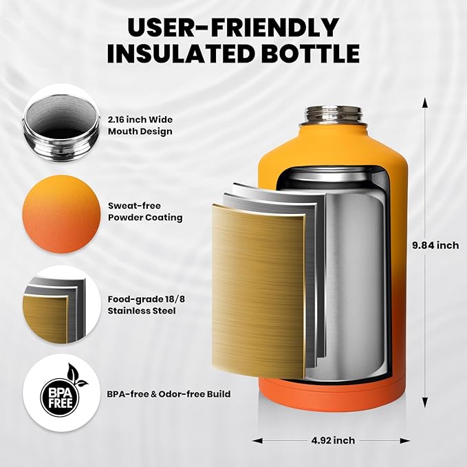 Insulated Water Bottle 64 oz, Triple Wall Vacuum Stainless Steel (Cold for 48 Hrs), Leak Proof & Non-BPA, Half Gallon Water Flask Jug with Paracord Handle & Straw Spout Lids, Ombre Orange-FlexoryFit