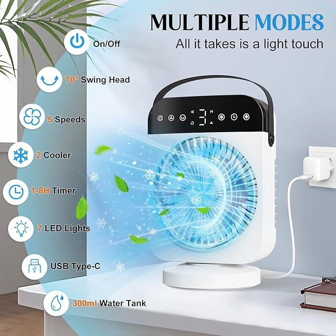 Portable Air Conditioner, Personal Mini Air Conditioner Cooling Fan with 5 Speeds, 70° Oscillation, Evaporative Air Cooler 1/2/4/8H Timer, 7 LED Night Light Portable AC for Car Camping Bedroom Office