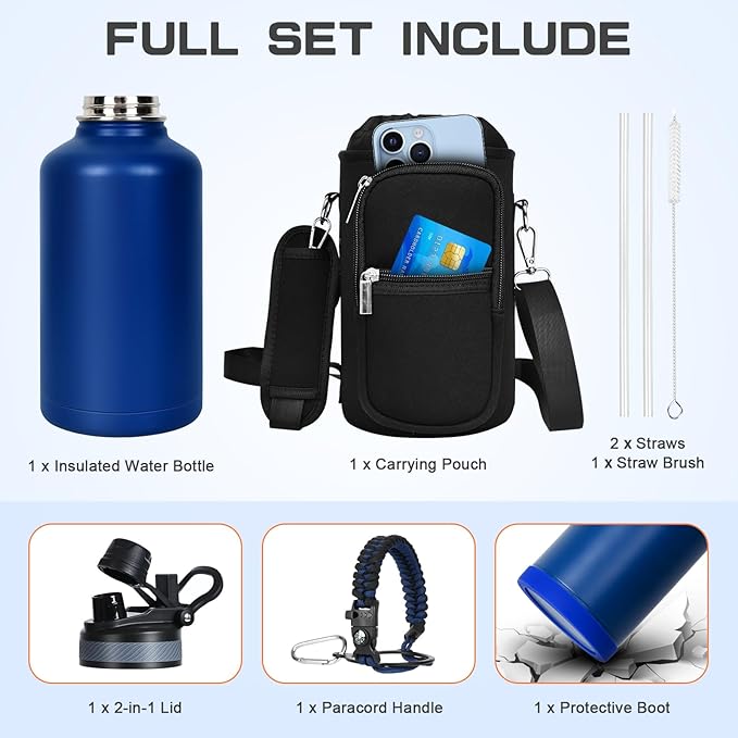 Insulated Water Bottle 64 oz, Half Gallon Water Jug Cold 48H, BPA Free Stainless Steel Bottles with Straw/Chug 2-in-1 Lid, Bag, Paracord Handle, Silicone Boot, Sports Gym School Metal Flask-FlexoryFit