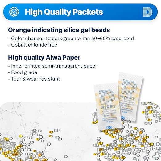 Dry & Dry 1 Gram [1000 Packets] Orange Indicating Silica Gel Packets Desiccants - Food Safe Silica Packs, Silica Gel, Silica Packets, Desiccant Packs for Food Storage
