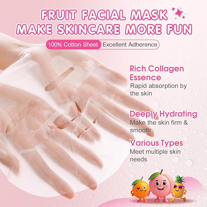 14 Pack Fruit Face Masks Skincare for Kids, Sheet Hydrating Facial Mask for All Skin Types, Bulk Collagen Face Mask for Women Skin Care, Birthday Party Spa Gifts for Teens Girls-FlexoryFit