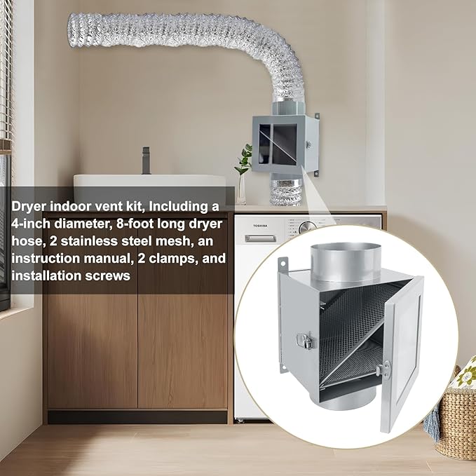 Dryer Duct Lint Trap, Indoor Dryer Vent Kit, Secondary Lint Trap for Electric Clothes Dryers with 4inch 8ft Dryer Vent Hose, 2 Clamps, 2 Stainless Steel Mesh, Dryer Lint Catcher for Dryer (Metal)