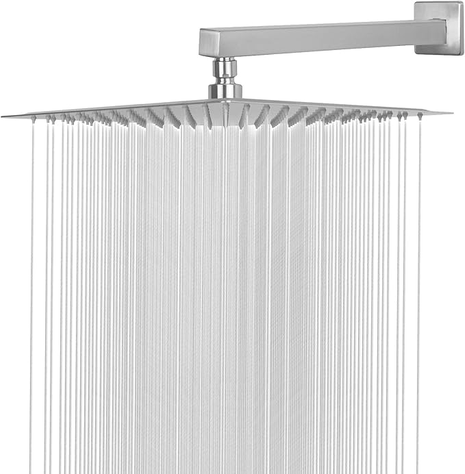 HarJue Shower Head with Extension Arm, High Pressure Square with ShowerArm, Stainless Steel Rainfall-Waterfall Full Body Coverage (12'' Shower with 16'' Arm, Brushed Nickel)