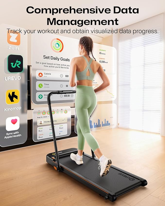 UREVO Strol 2E Smart 2-in-1 Folding Treadmill, Compact Walking Pad with Safety Handle, Plug and Play, Dual LED Display, Workout APP, Walking or Running for Home Office, Remote Included-FlexoryFit