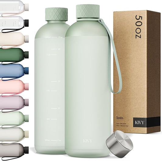 KIVY Large Water Bottle 50oz [Lightweight & Shatterproof] Fits Backpack & Cupholder for Travel, Sports, School - Extra large bottle no straw - 1.5 Liter bottles - 50oz Water bottle Green-FlexoryFit