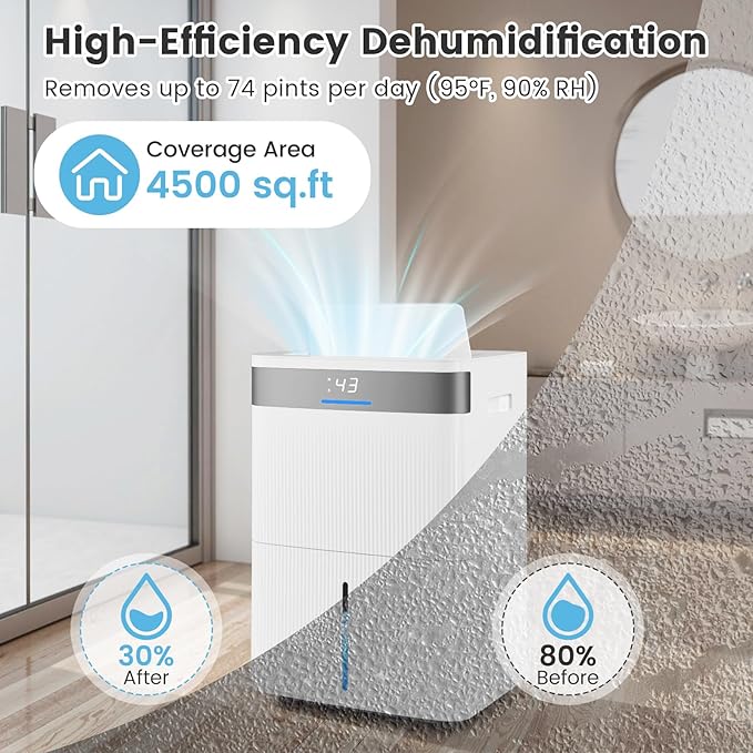 COSTWAY 4500 Sq.Ft Dehumidifier for Basement, Home Dehumidifier with Convenient Handle, 1.4 Gallon Tank, Auto Defrost, 24H Timer, 3-Color Indicator, Drain Hose & Wheels for Bathroom, Bedroom (74 pint)