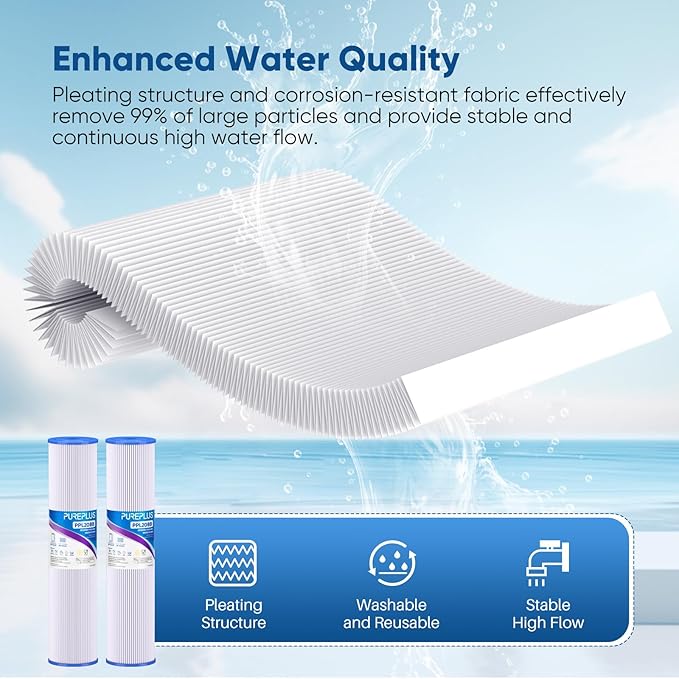 PUREPLUS 20" x 4.5" Whole House Pleated Sediment Filter for Well Water, Replacement Cartridge for ECP5-BB, AP810-2, HDC3001, SPC-45-1005, CP5-BB, ECP1-20BB, 2Pack